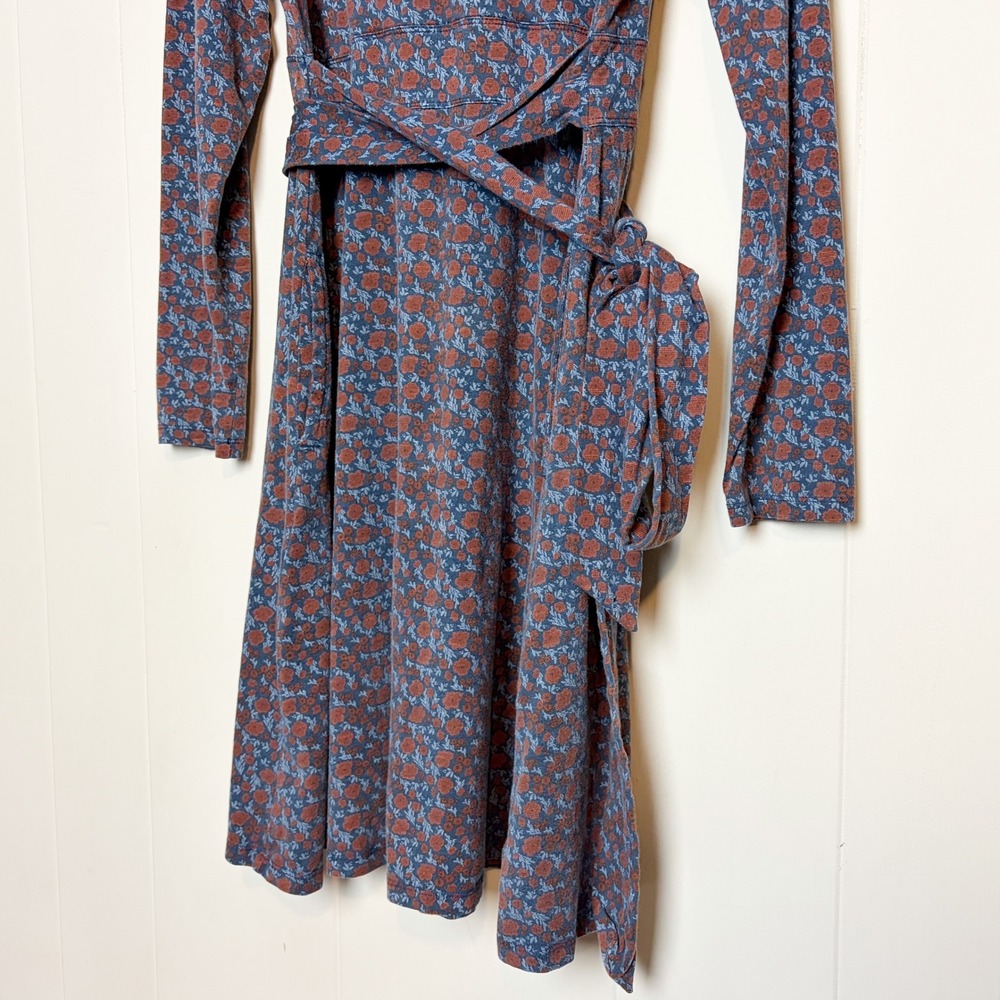 Toad&Co Long Sleeve Cue Wrap Dress Large Floral Blue Rust Comfy Side Pockets - Picture 4 of 8